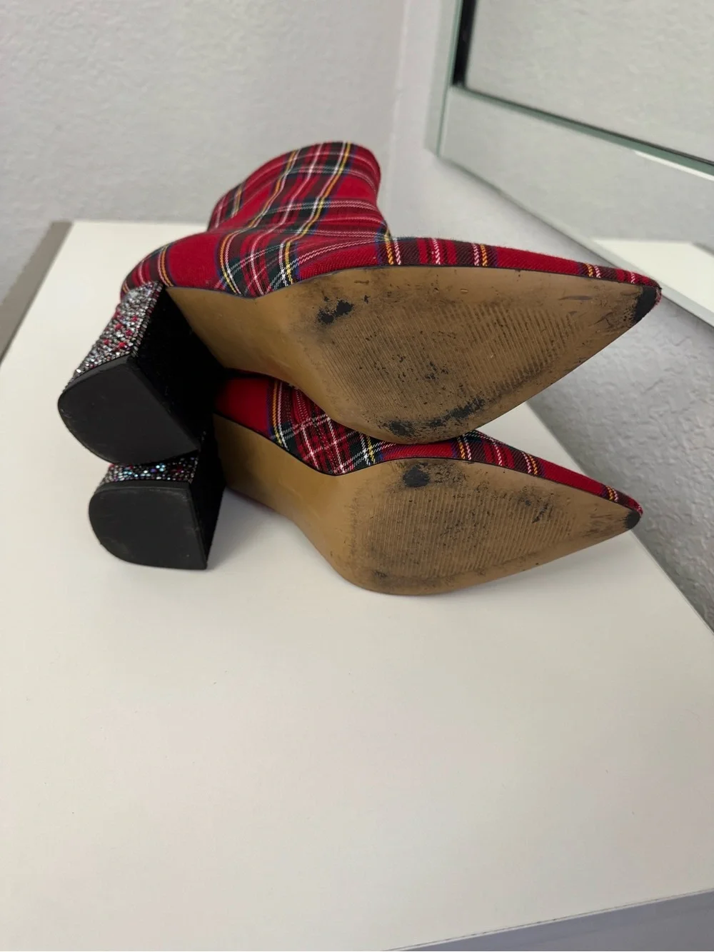 Betsey Johnson Red Plaid Ankle Boots with Embellished Block Heel